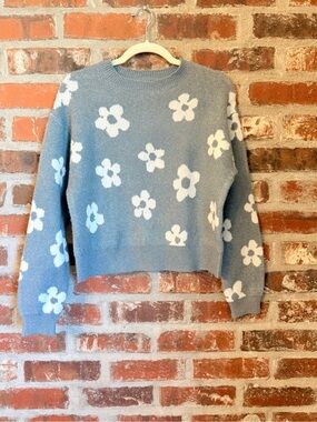 S49 - Hooked Up by IOT Blue Crewneck Sweater with White Floral Motif